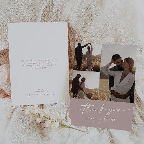 Boho Chic Dusty Rose Pink Wedding Photo Collage Thank You Card