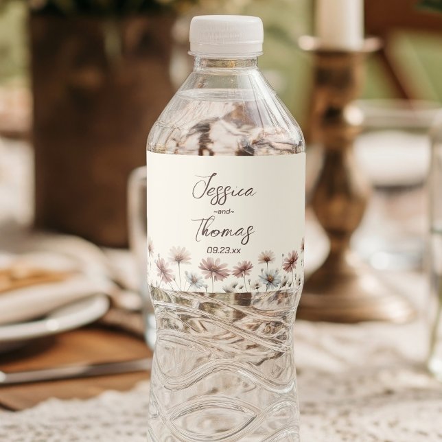 Boho Chic Earthtone Wildflowers Simple Wedding Water Bottle Label (Creator Uploaded)