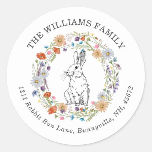 Boho Chic Easter Bunny Watercolor Wildflowers Classic Round Sticker