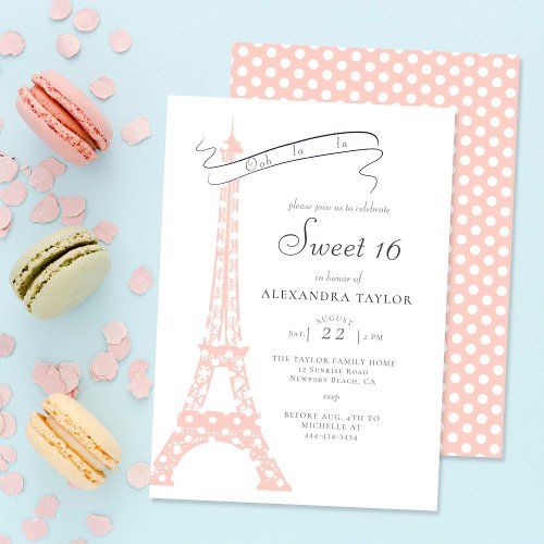Boho Chic Eiffel Paris Blush Polka Dots Sweet 16 Invitation