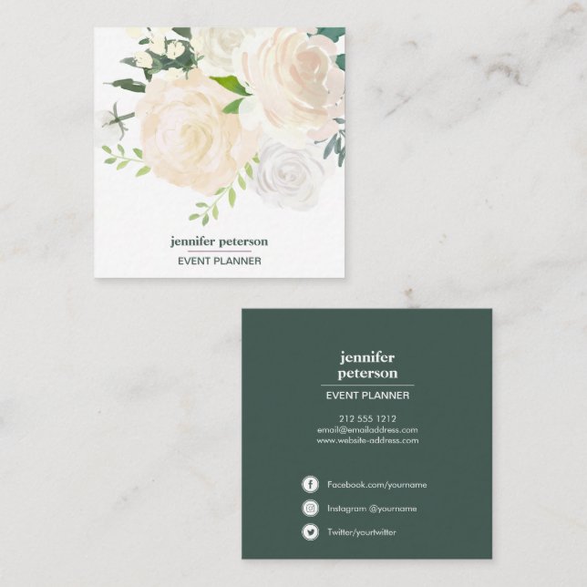 Boho chic Elegant Ivory peony  Social Media Icons Square Business Card (Front/Back)
