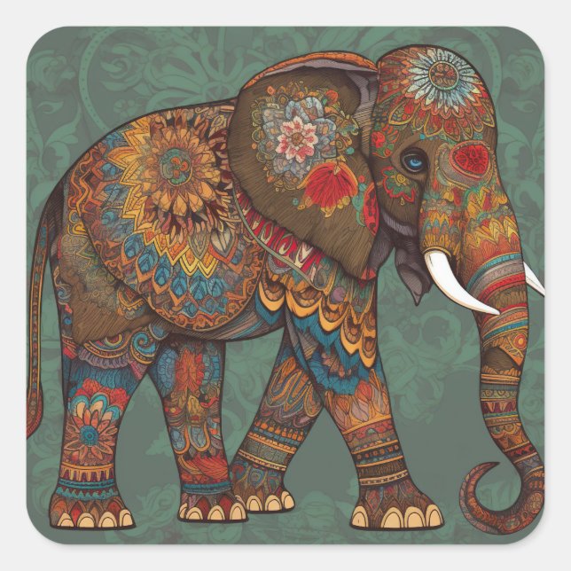 Boho Chic Elephant Sticker with Ornate Decorations (Front)