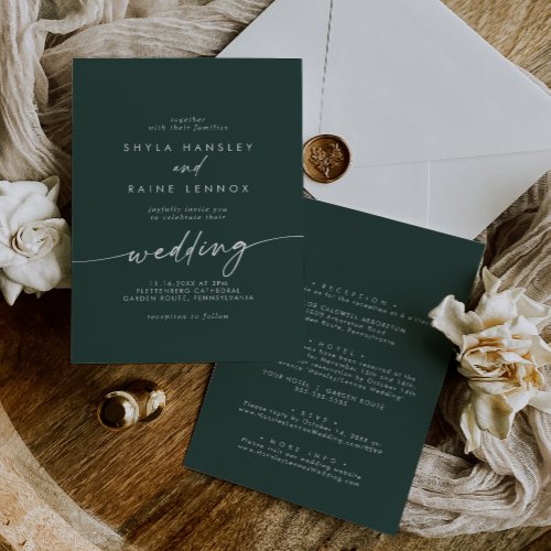 Boho Chic Emerald Green Front and Back Wedding Invitation