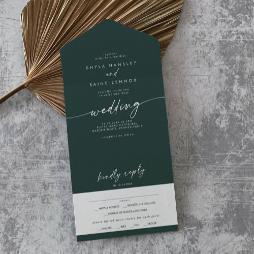 Boho Chic Emerald Green Meal Choice RSVP Wedding All In One Invitation