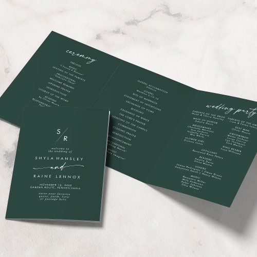 Boho Chic Emerald Green Monogram Wedding Tri_Fold Program