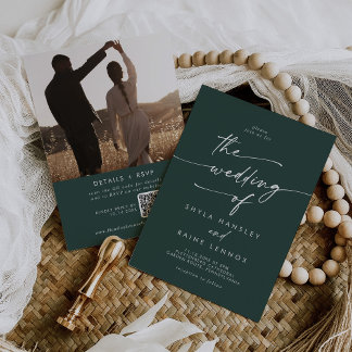 Boho Chic Emerald Green Photo QR Code Wedding Invitation