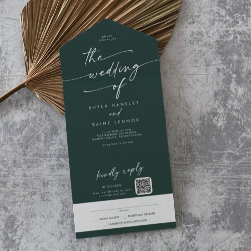 Boho Chic Emerald Green QR Code Mail In Wedding All In One Invitation