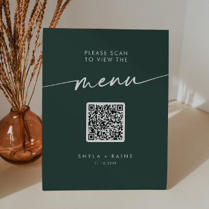 Boho Chic Emerald Green QR Code Wedding Menu Pedestal Sign