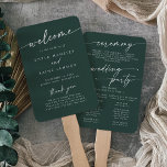 Boho Chic Emerald Green Wedding Program Hand Fan<br><div class="desc">This boho chic emerald green wedding program hand fan is perfect for a minimalist wedding ceremony. The dark and moody hunter forest green modern bohemian design features simple rustic calligraphy with a unique yet classic style. Personalize your wedding program with you names, wedding date, location, thank you message, order of...</div>