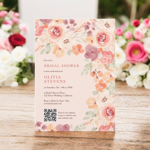 Boho chic fall peach blush qr code bridal shower invitation