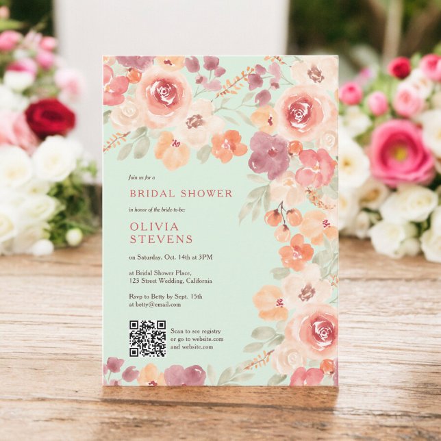 Boho chic fall peach mint qr code bridal shower invitation (Boho rustic fall peach blush qr code bridal shower invitation on mint)