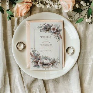 Boho Chic Feather Dusty Rose Gold Frame Wedding Invitation