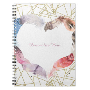 Boho Chic Feather Heart Glam Modern Notebook