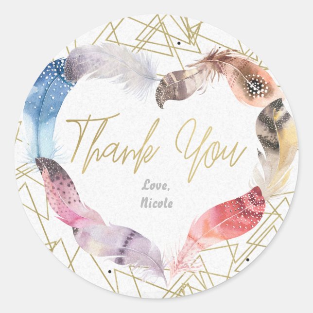 Boho Chic Feather Heart Gold Thank You Favor Classic Round Sticker (Front)