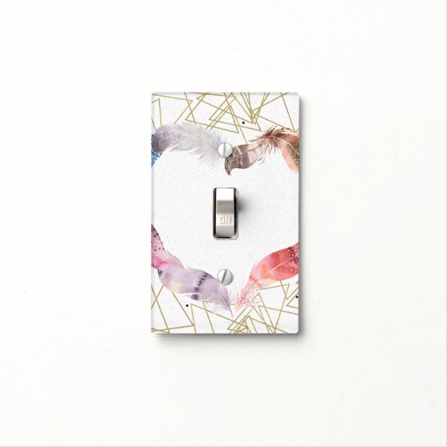Boho Chic Feather Heart Modern Glam Bedroom Light Switch Cover (In Situ)