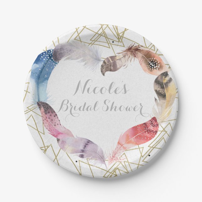 Boho Chic Feather Heart Personalized Party Paper Plates (Front)