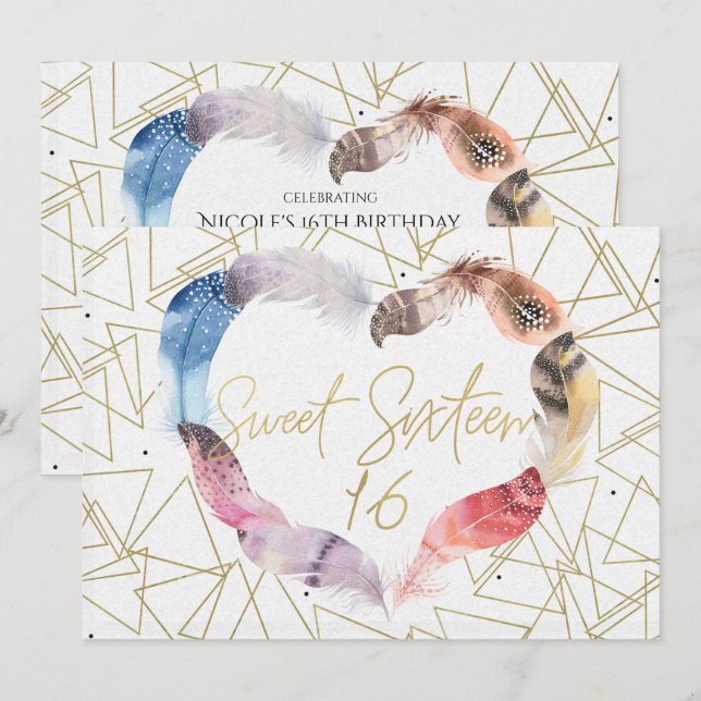 Boho Chic Feather Heart Sweet 16 Party Invitations (Front/Back)