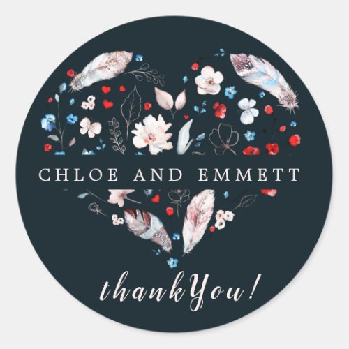 Boho Chic Feather Heart Wedding Thank You Classic Round Sticker
