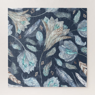 Boho Chic Feathers Flowers: Watercolor Dark Blue P Jigsaw Puzzle