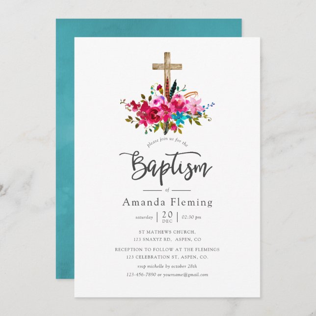 Boho Chic Floral Baptism Invitation (Front/Back)