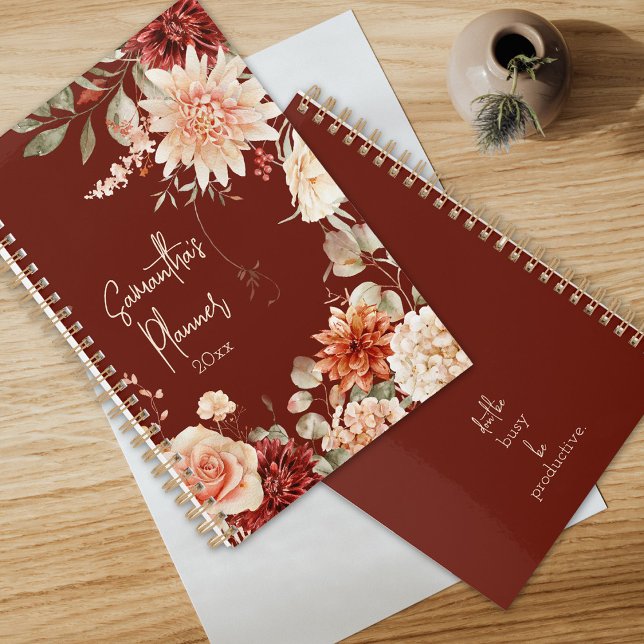 Boho Chic Floral Botanical Spicy Fall Colors Planner (Beautiful mixed floral planner in spicy fall colors.  Monthly and weekly views for one year.)
