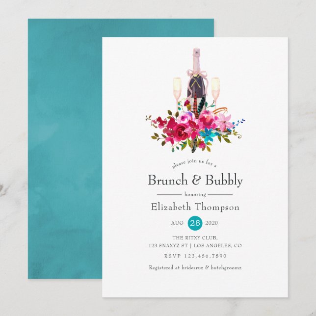 Boho Chic Floral Brunch and Bubbly Bridal Shower Invitation (Front/Back)