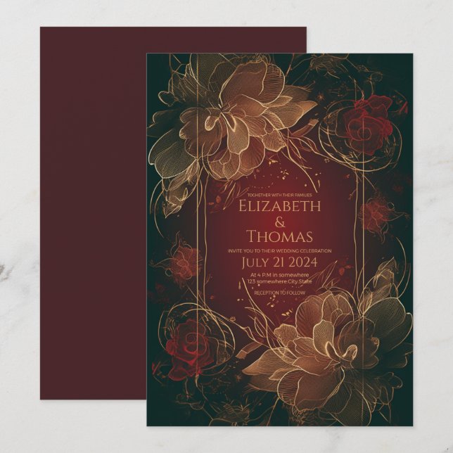 Boho Chic Floral Burgundy and Gold theme.   Invitation (Front/Back)