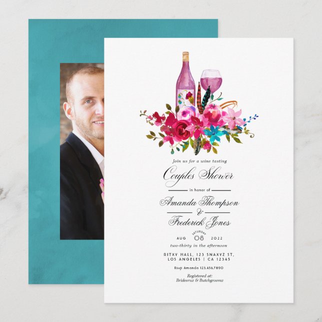 Boho Chic Floral Couples Shower Wine Tasting Invit Invitation (Front/Back)