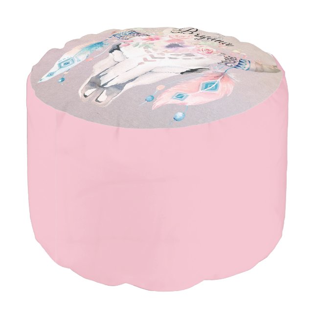 Boho Chic Floral Cow Skull & Feathers Pouf (Angled Back)
