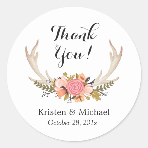 Boho Chic Floral Deer Antler Thank You Classic Round Sticker