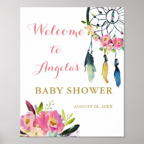 Boho Chic Floral Dream Catcher Baby Shower Welcome Poster