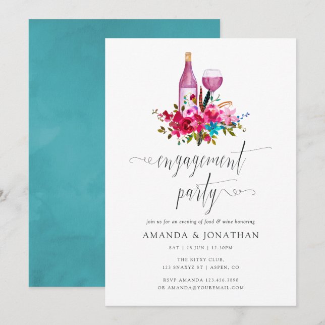 Boho Chic Floral Engagement Party Wine Tasting Invitation (Front/Back)