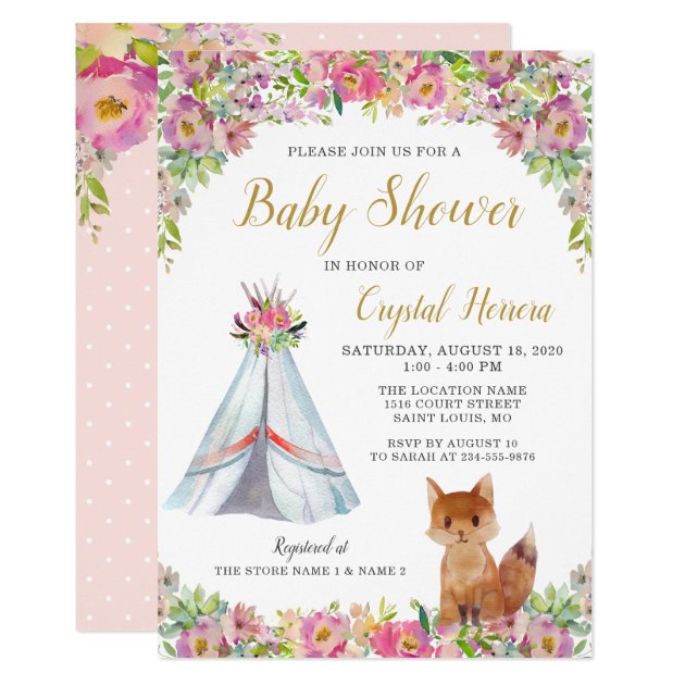 Boho Chic Floral Fox Teepee Tribal Baby Shower Invitation