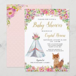 Boho Chic Floral Fox Teepee Tribal Baby Shower Invitation