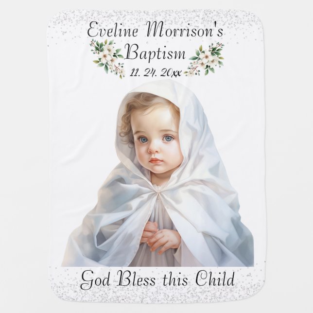 Boho Chic Floral Girls Baptism Baby Blanket (Front)