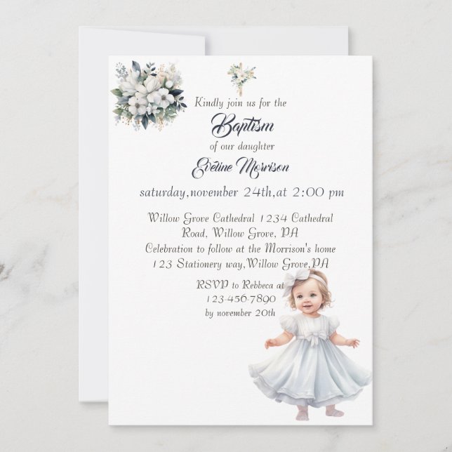 Boho Chic Floral Girls Baptism Invitation (Front)