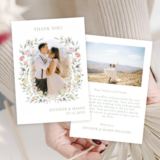 Boho Chic Floral Greenery Wedding Photo Thank You Card (Creator Uploaded)