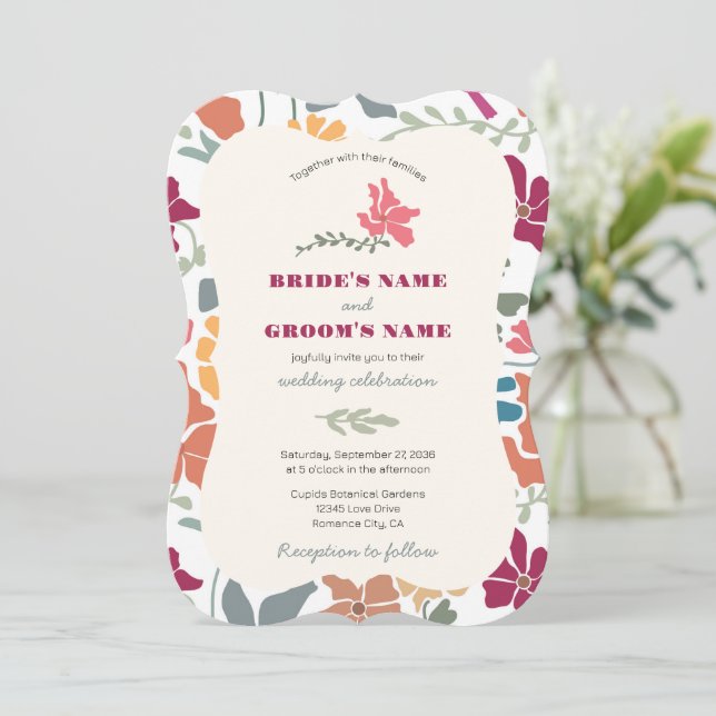 Boho Chic Floral Mid Century Retro Wedding Invitation (Standing Front)