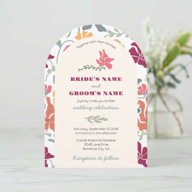 Boho Chic Floral Mid Century Retro Wedding Invitation (Standing Front)