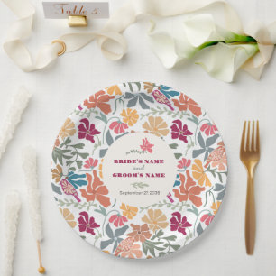 Boho Chic Floral Mid Century Retro Wedding Paper Plates