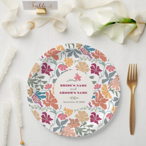 Boho Chic Floral Mid Century Retro Wedding Paper Plates