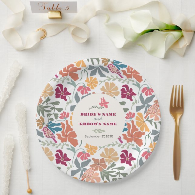Boho Chic Floral Mid Century Retro Wedding Paper Plates (Wedding)