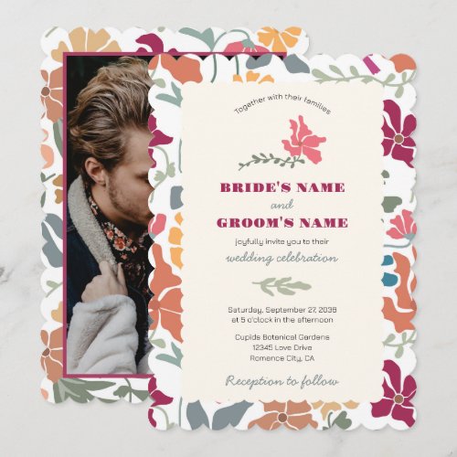 Boho Chic Floral Mid Century Retro Wedding Photo Invitation