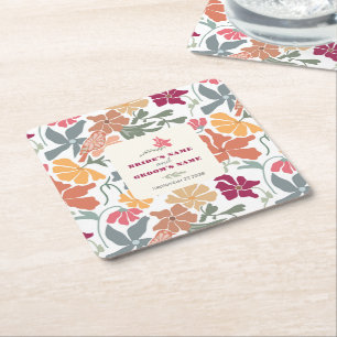 Boho Chic Floral Mid Century Retro Wedding Square Paper Coaster