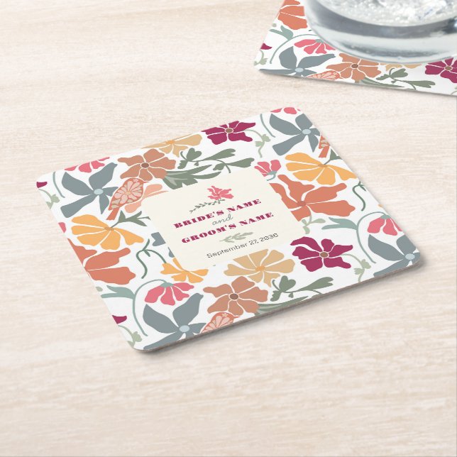 Boho Chic Floral Mid Century Retro Wedding Square Paper Coaster (Angled)