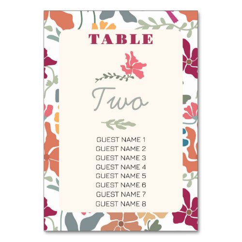 Boho Chic Floral Mid Century Retro Wedding Table Number