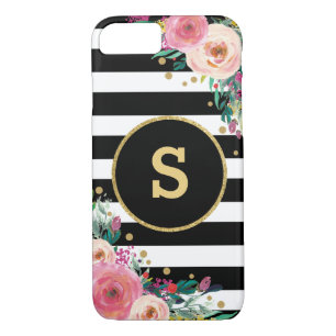 Boho Chic Floral Monogram Black Gold iPhone 7 Case