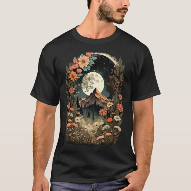 Boho Chic Floral Moon Mountain Forest Nature Retro T-Shirt (Front)