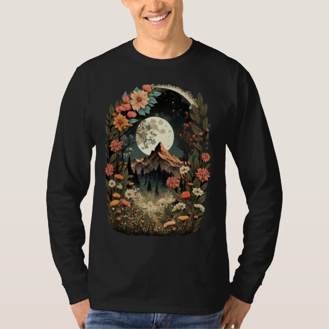 Boho Chic Floral Moon Mountain Forest Nature Retro T-Shirt (Front)