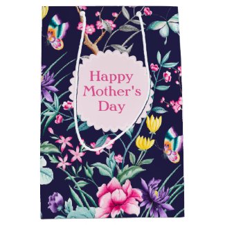 Boho Chic Floral Pattern | Navy Blue Mother's Day Medium Gift Bag